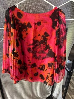 Miss Me Hot Pink & Orange Sheer Pleated-Sleeve Blouse